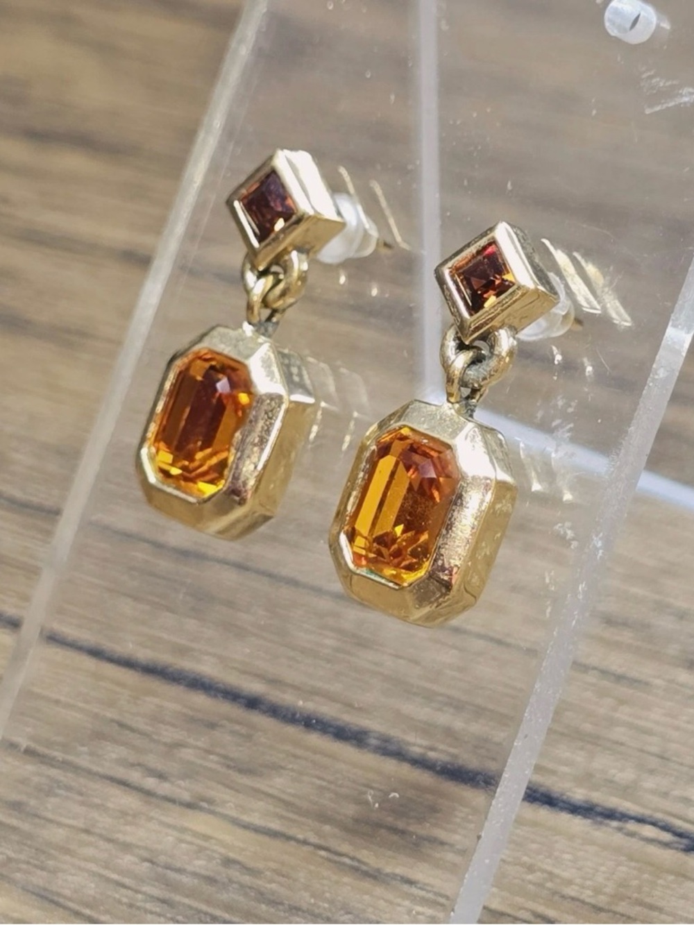 Authentic Vintage Dior Mini Rectangular Orange Dangle 14k Gold Post Earrings - Picture 2 of 5